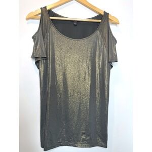 Rock and Republic Gold Metallic Shimmer Short Sleeve Cold Shoulder Top